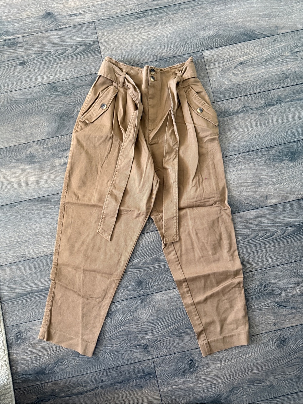 H&M Tan High-Waist Paperbag Cargo Trousers with Tie Belt